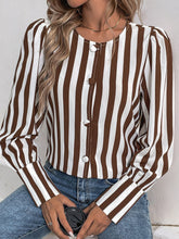 Perfee Striped Round Neck Long Sleeve Blouse Brown OutfitFlow